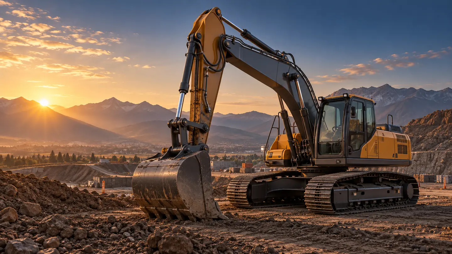 Excavadora en una obra al amanecer